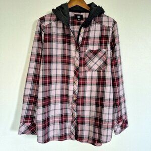 TenTree Mauve Plaid Flannel Button Up Shirt Hoodie Large Tall